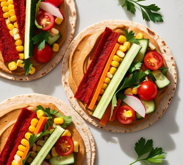 Lauwwarme groenten wraps met paprika spread
